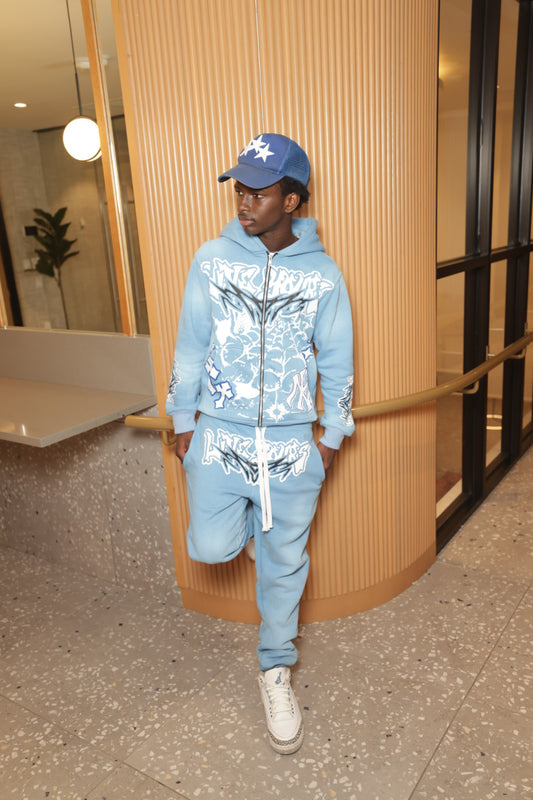 Baby blue wash-dye zip up sweatsuit